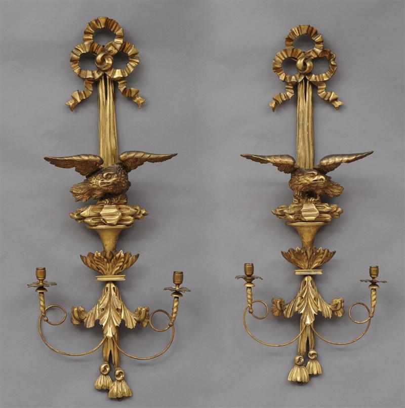 Appraisal: PAIR OF REGENCY STYLE GILTWOOD TWO-LIGHT SCONCES Each with an