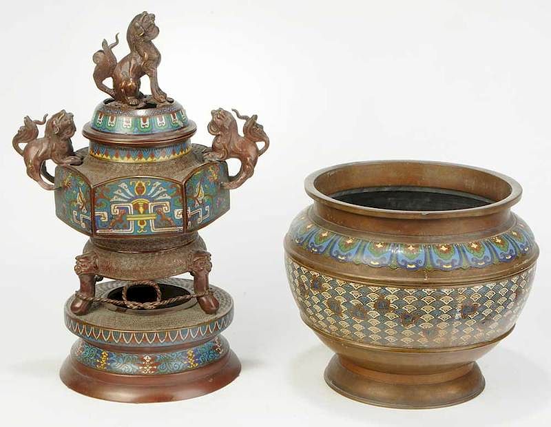 Appraisal: Two Asian Champlev Bronze Vessels th century censer with foo