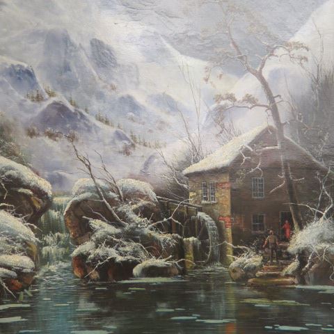 Appraisal: Nils Hans Christiansen oil a frozen water landscape with mill