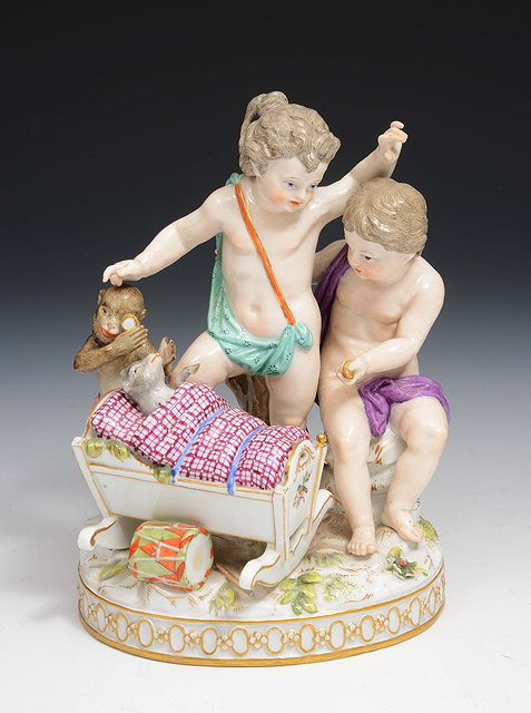 Appraisal: A Meissen figure groupcirca cherubs at a cot with monkey