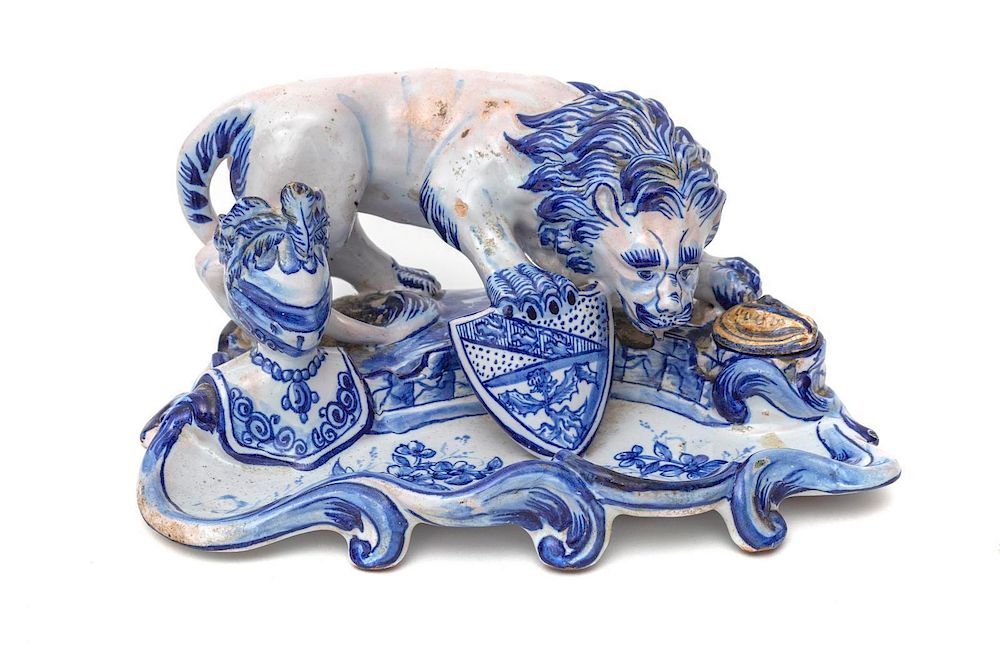 Appraisal: An Italian Majolica Lion-Form Ink Stand Height x width inches