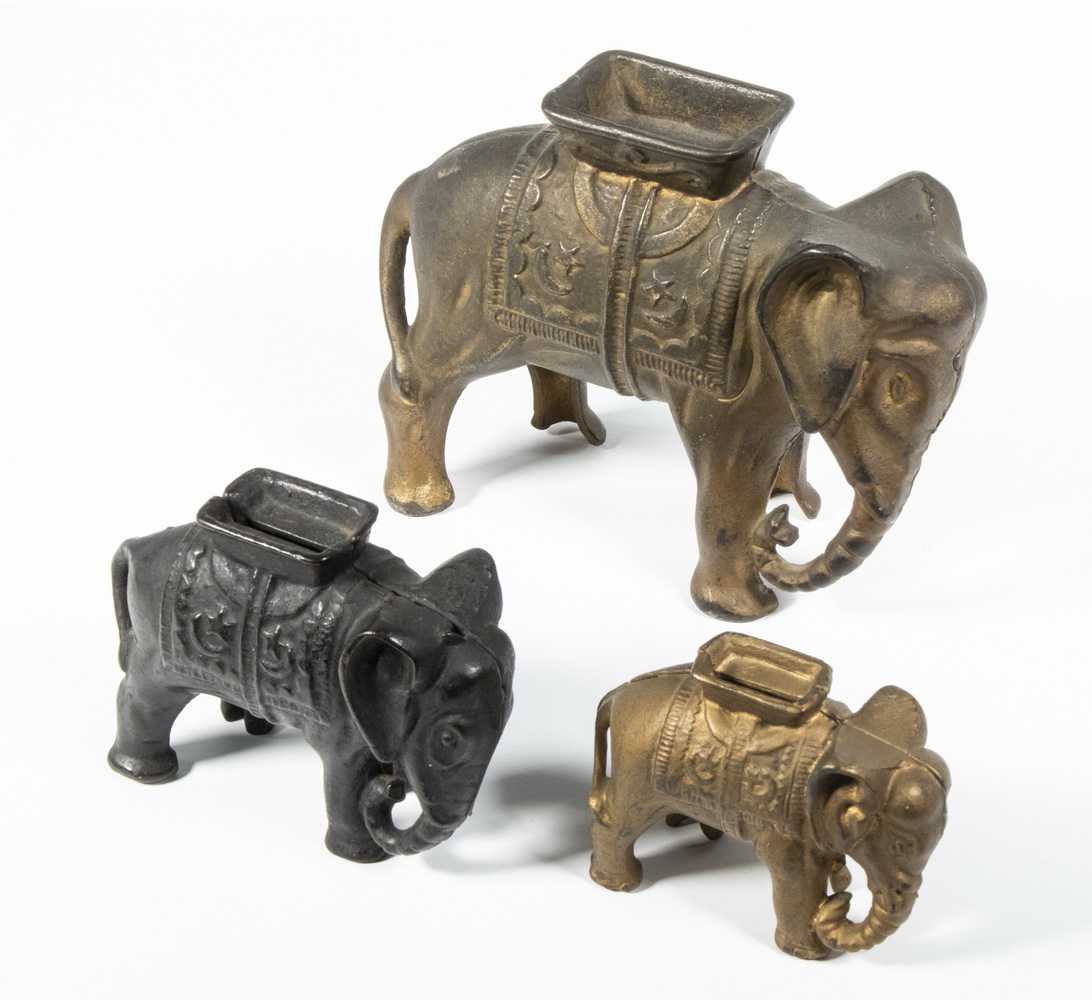 Appraisal: A C WILLIAMS ELEPHANTS WITH HOWDAHS STILL BANKS Including Large