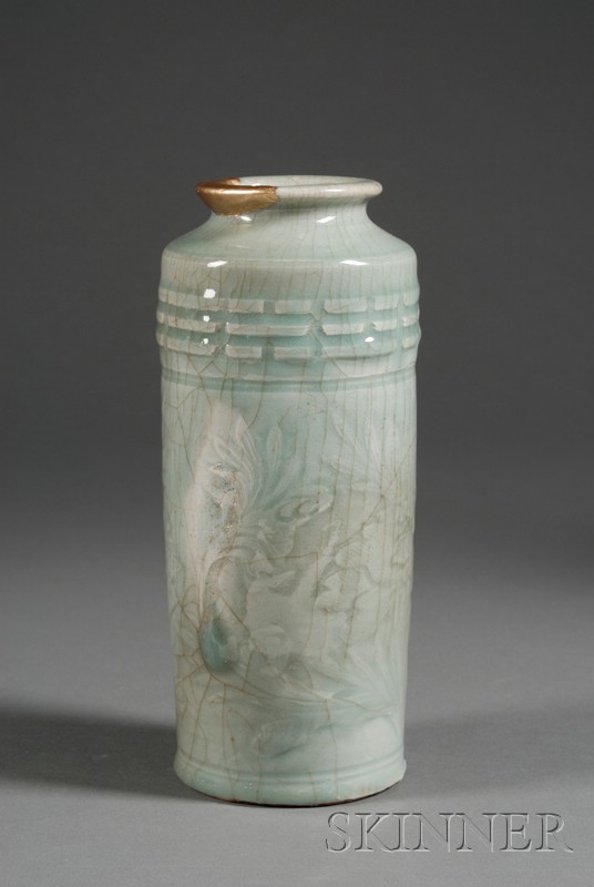 Appraisal: Celadon Vase China Ming period th century cylindrical form with