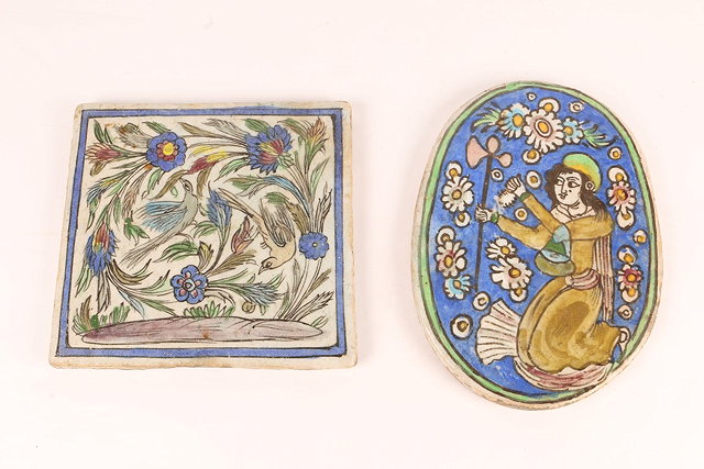 Appraisal: A MIDDLE EASTERN RECTANGULAR TILE with painted bird and foliate