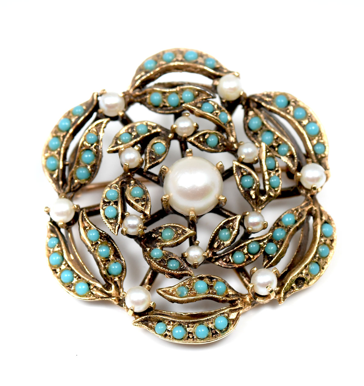 Appraisal: K PEARL TURQUOISE PENDANT BROOCH Vintage piece is crafted in