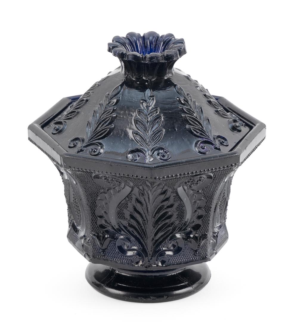 Appraisal: SANDWICH GLASS COBALT BLUE LACY COVERED SUGAR BOWL SECOND QUARTER