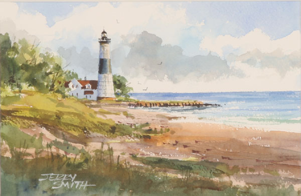 Appraisal: Jerry Smith American b Maine coastal landscape with lighthouse watercolor