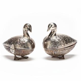 Appraisal: Pair of Egyptian Silver Duck Form Sweetmeat Boxes th century