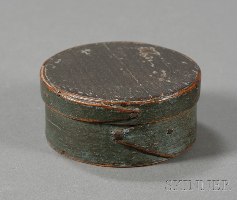 Appraisal: Small Round Blue-painted Lapped-seam Covered Box America th century ht