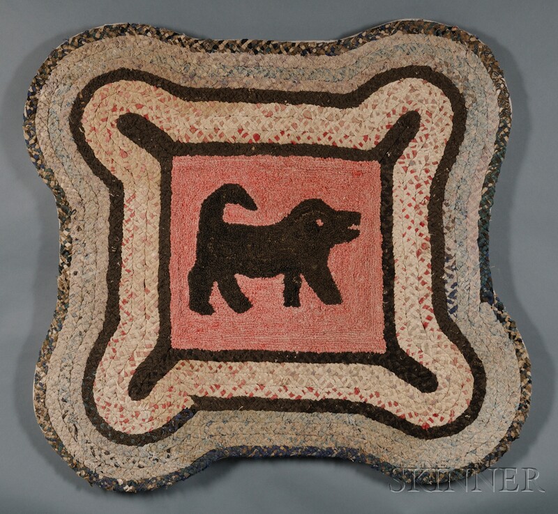 Appraisal: Hooked Rug with Dog and Braided Border America early to