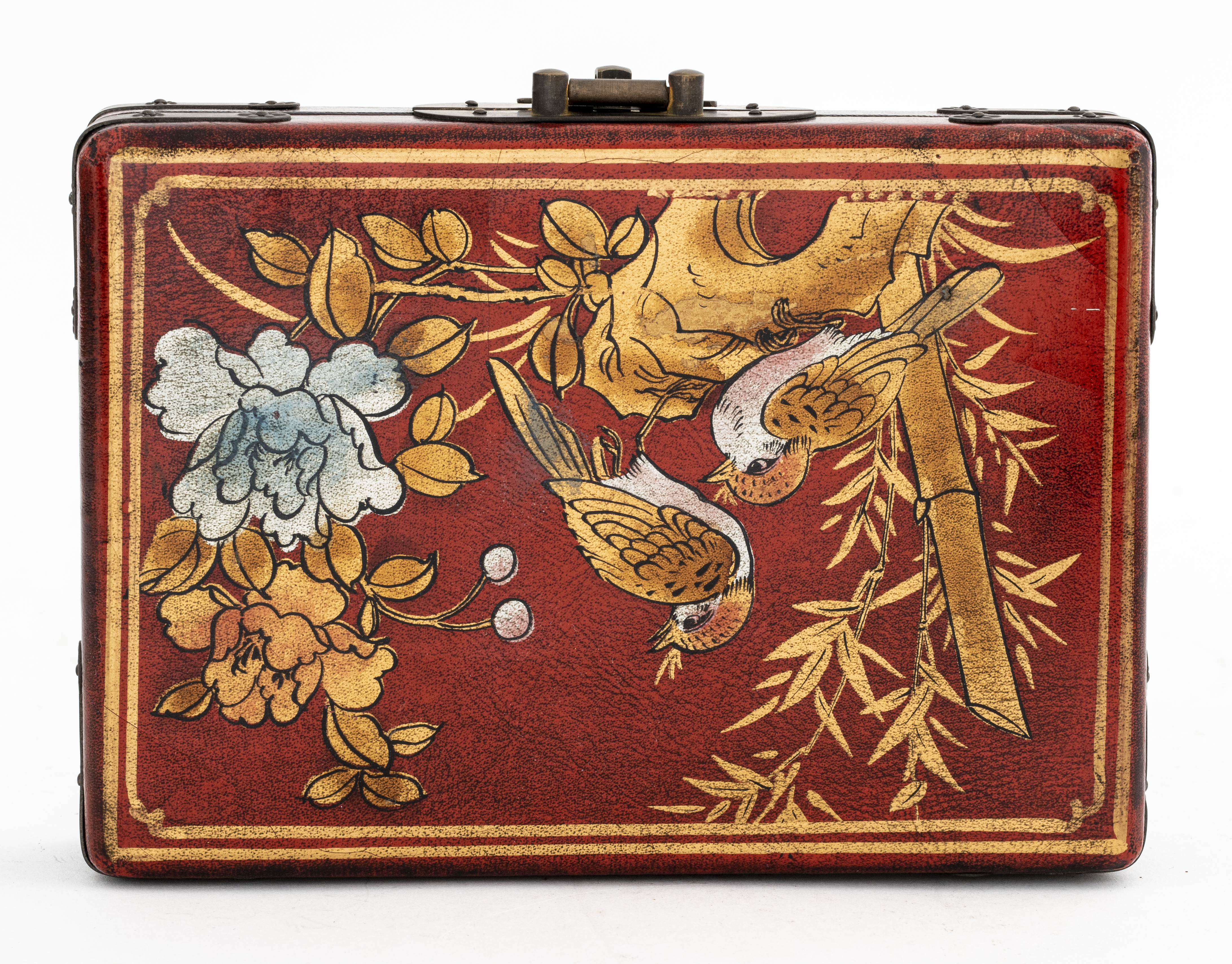 Appraisal: CHINESE PAINTED LEATHER PLAYING CARD STORAGE BOX Chinese playing card