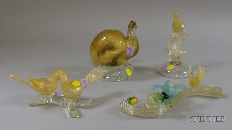 Appraisal: Four Venetian Blown Glass Bird Sculptures with internal gold flecks