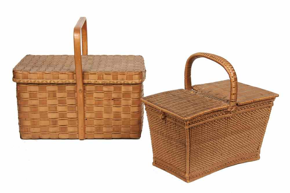 Appraisal: SHAKER BASKETS - Two Covered Shaker Baskets with rigid hoop