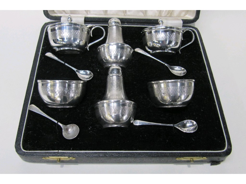 Appraisal: Cased six piece silver condiment set Birmingham