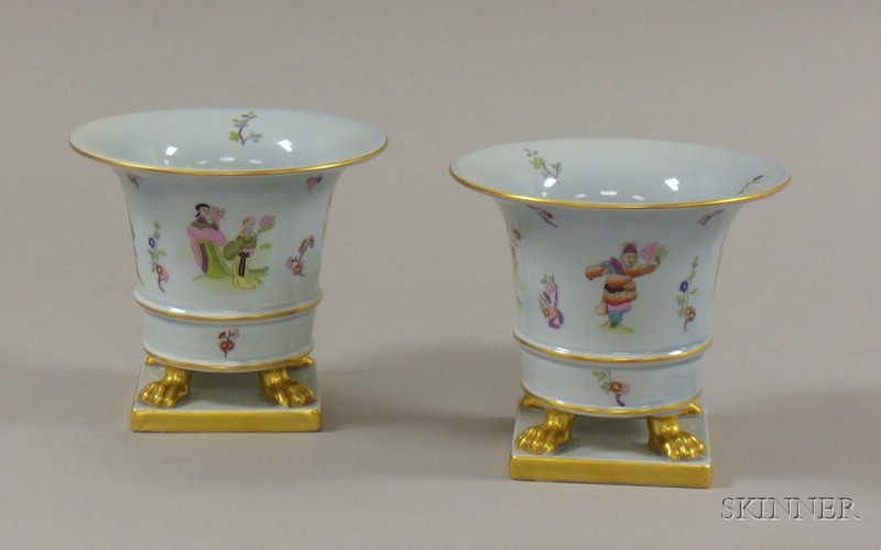 Appraisal: Pair of Herend Hand-painted Chinoiserie Decorated Porcelain Footed Cache Pots