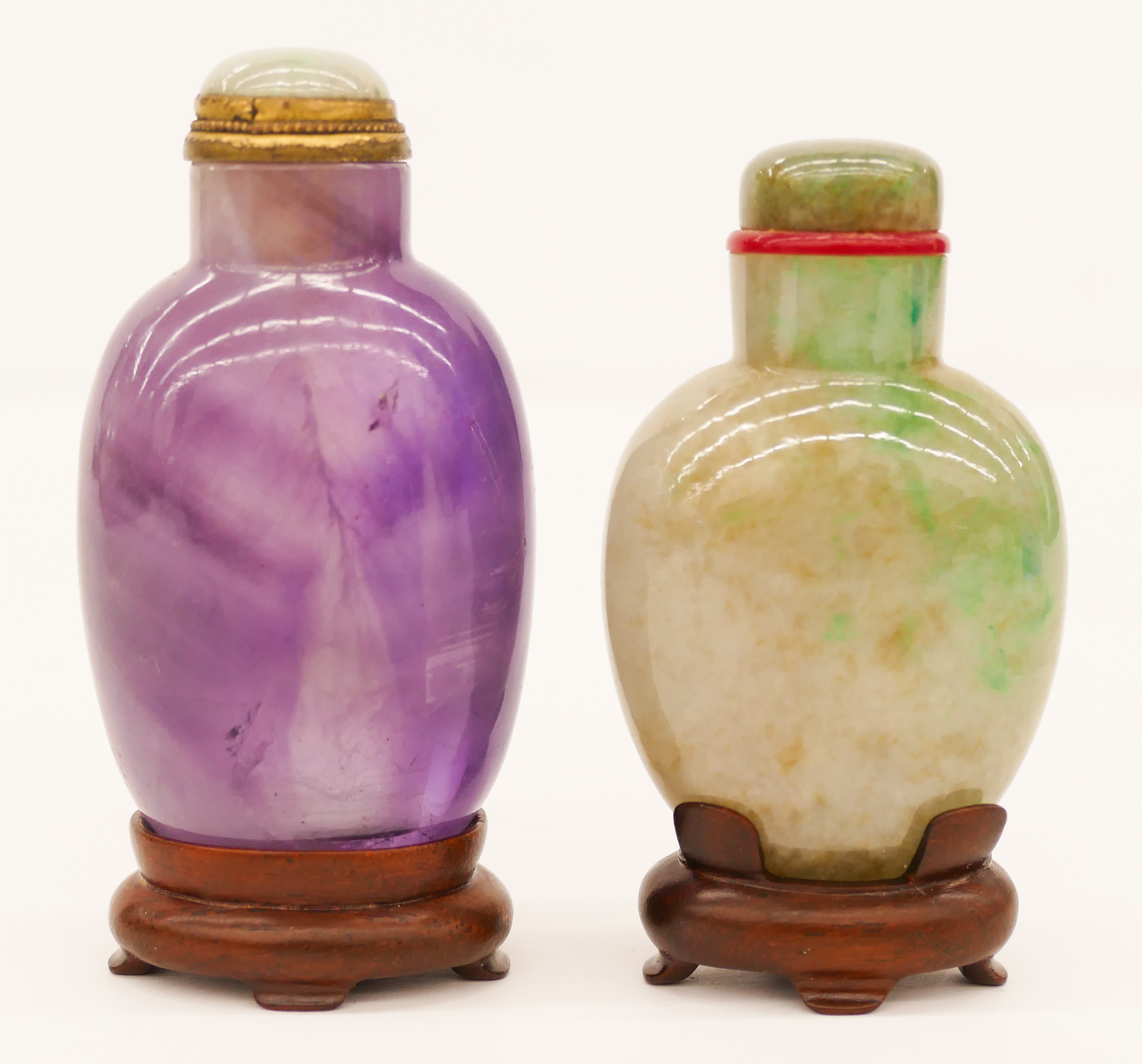 Appraisal: pc Chinese Jade and Amethyst Snuff Bottles Includes a duo