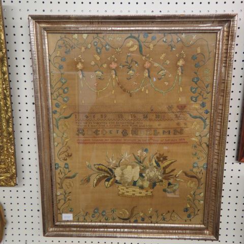 Appraisal: Sampler Elizabeth Crombie Scottish or English with basket of flowers