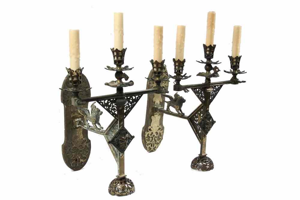 Appraisal: SCONCES - Pair of ornate cast brass triple arm gas