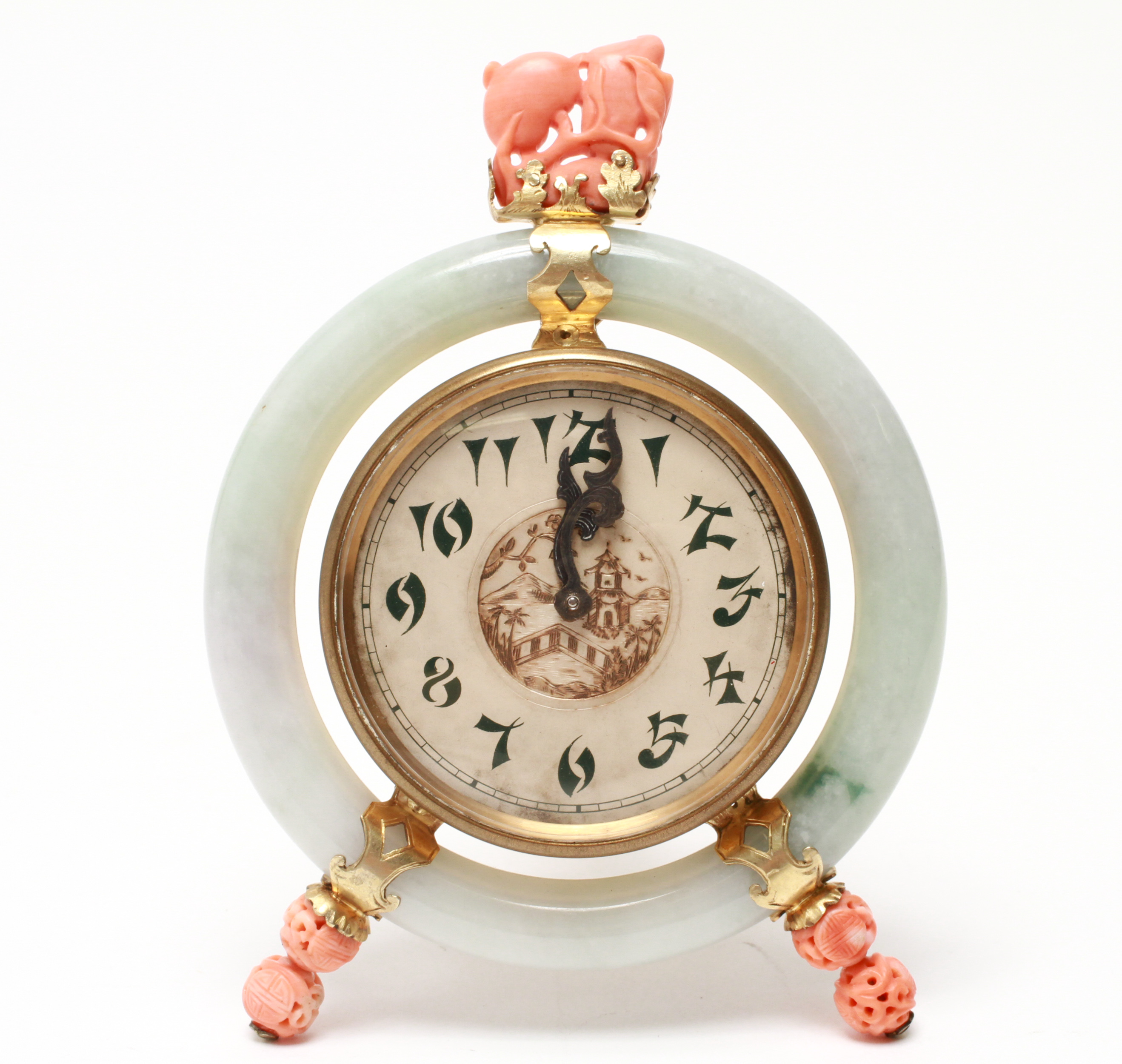 Appraisal: EDWARD FARMER SILVER GILT JADE CORAL CLOCK Edward I Farmer