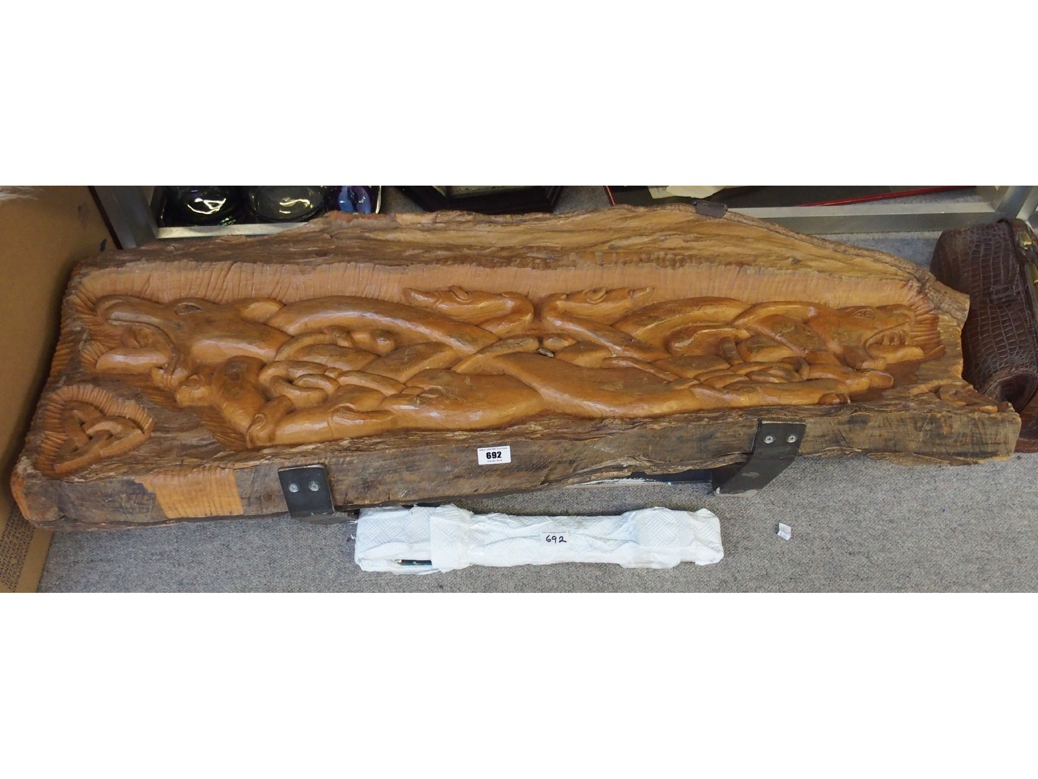 Appraisal: Large wooden sculpture Ceylonese carving with Celtic intertwined creatures