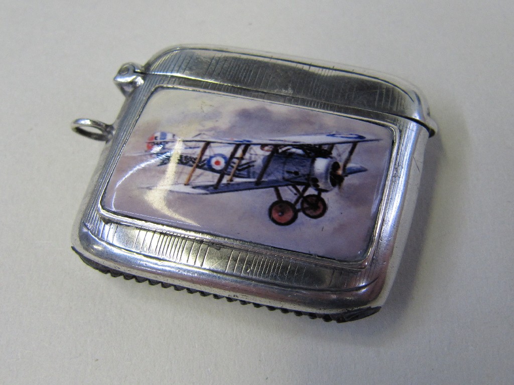 Appraisal: Silver vesta with enamel panel showing a British WWI BI-plane