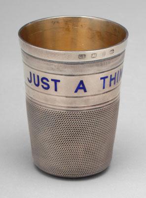 Appraisal: English silver thimble jigger blue-enameled lettering JUST A THIMBLEFUL marks