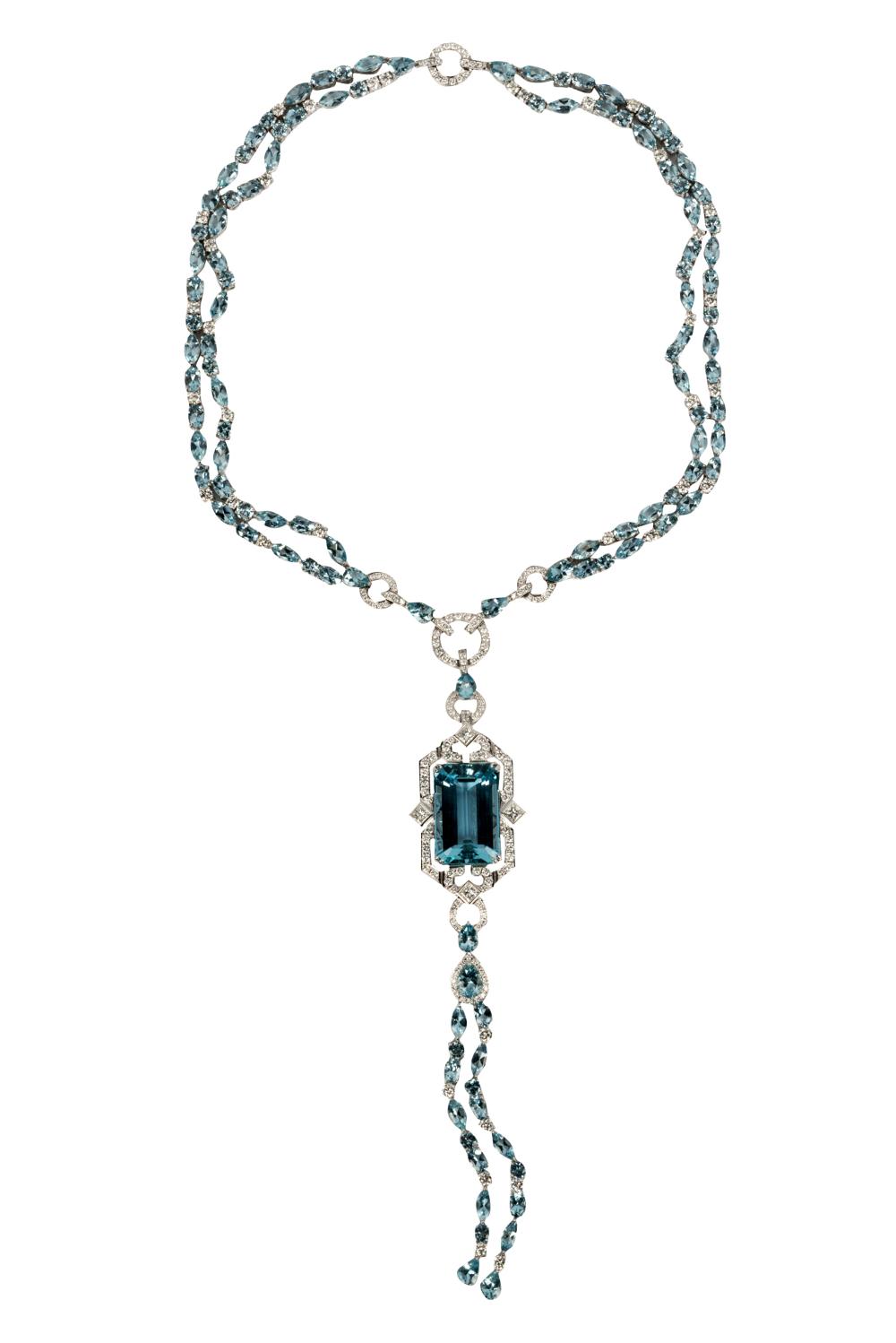 Appraisal: ART DECO STYLE KARAT WHITE GOLD DIAMOND AQUAMARINE NECKLACEcentering one