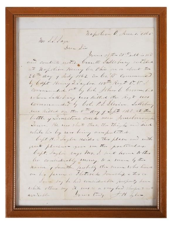 Appraisal: letter from J H Tyler from Napoleon Ohio Recounts the