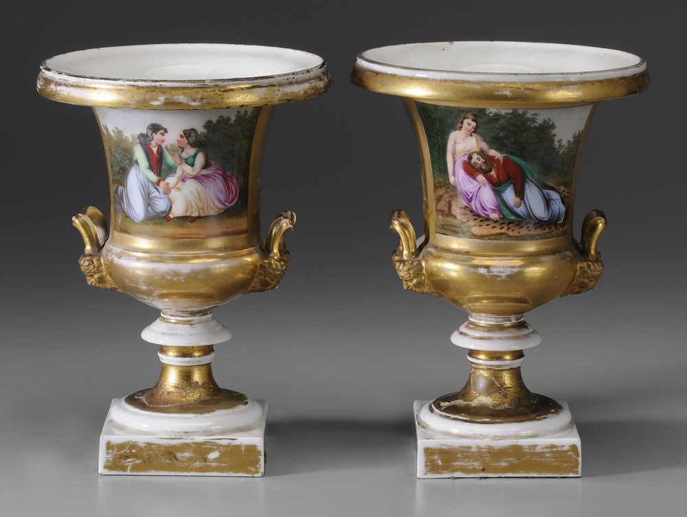 Appraisal: Pair Porcelain Urns probably French th century hand-painted scenes with