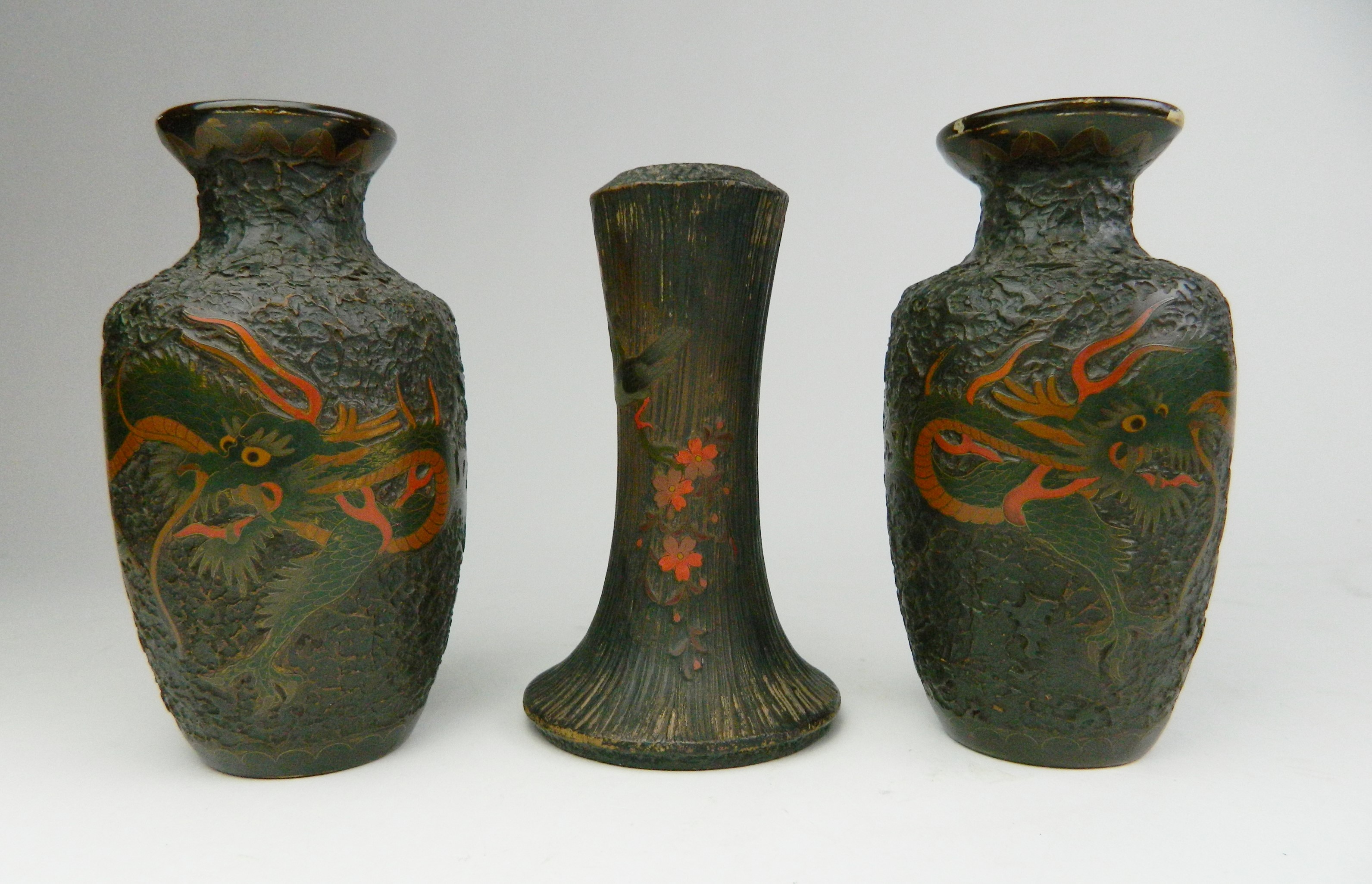 Appraisal: Pair of Japanese cloisonne vases- ''Treebark'' dragon motif on ceramic