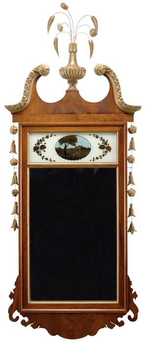 Appraisal: GOOD MAHOGANY INLAID EGLOMISE CHIPPENDALE STYLE MIRROR This nice custom