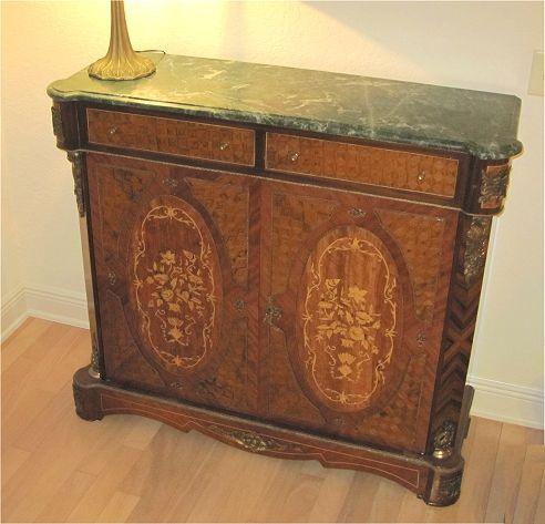 Appraisal: FRENCH MARBLE TOP PARQUETRY INLAY SIDE CABINET Double doors with