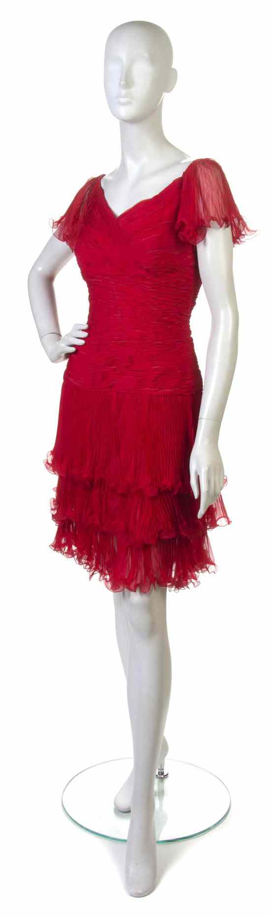 Appraisal: A Valentino Red Pleated Silk Chiffon Cocktail Dress with ruched