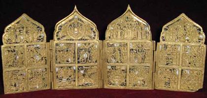 Appraisal: Russian brass and enamel four panel folding icon th century