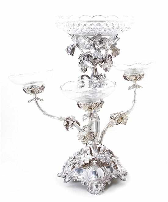 Appraisal: English silverplate and crystal epergne late th century entwined grapevine-and-cluster