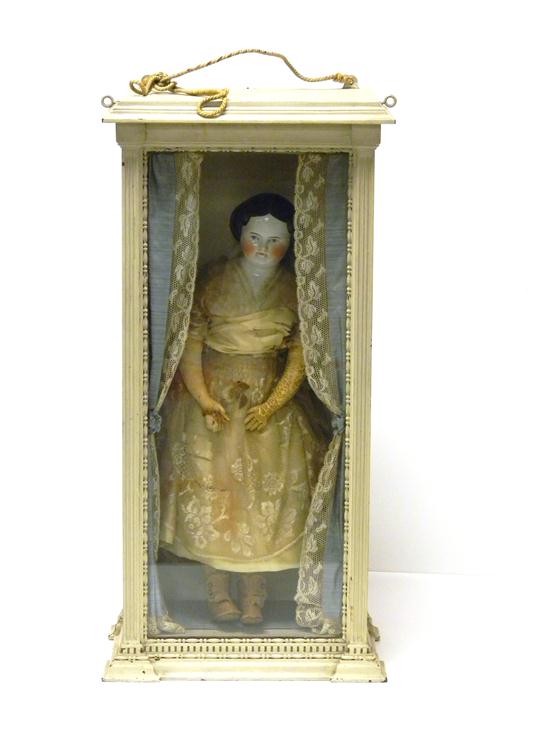 Appraisal: Chinahead doll in custom wood display cabinet doll in light