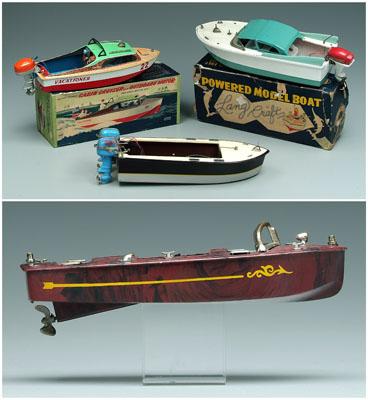 Appraisal: Three battery operated motorboats Line Mar tinplate cabin cruiser wooden