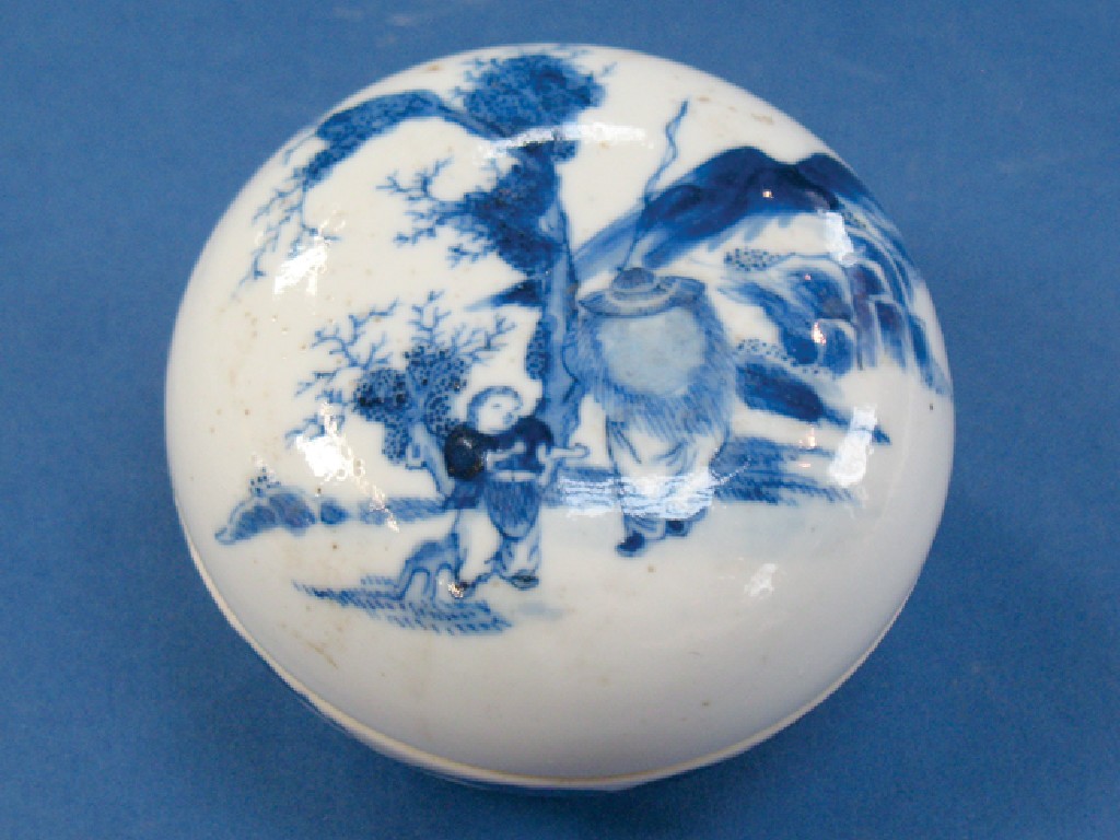 Appraisal: A CHINESE BLUE AND WHITE CUSHION BOX painted with figures