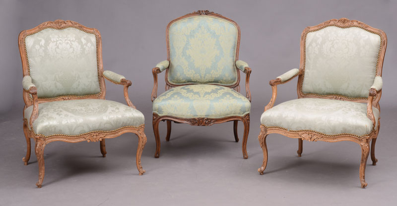 Appraisal: PAIR OF LOUIS XV CARVED BEECHWOOD FAUTEUILS LA REINE Each