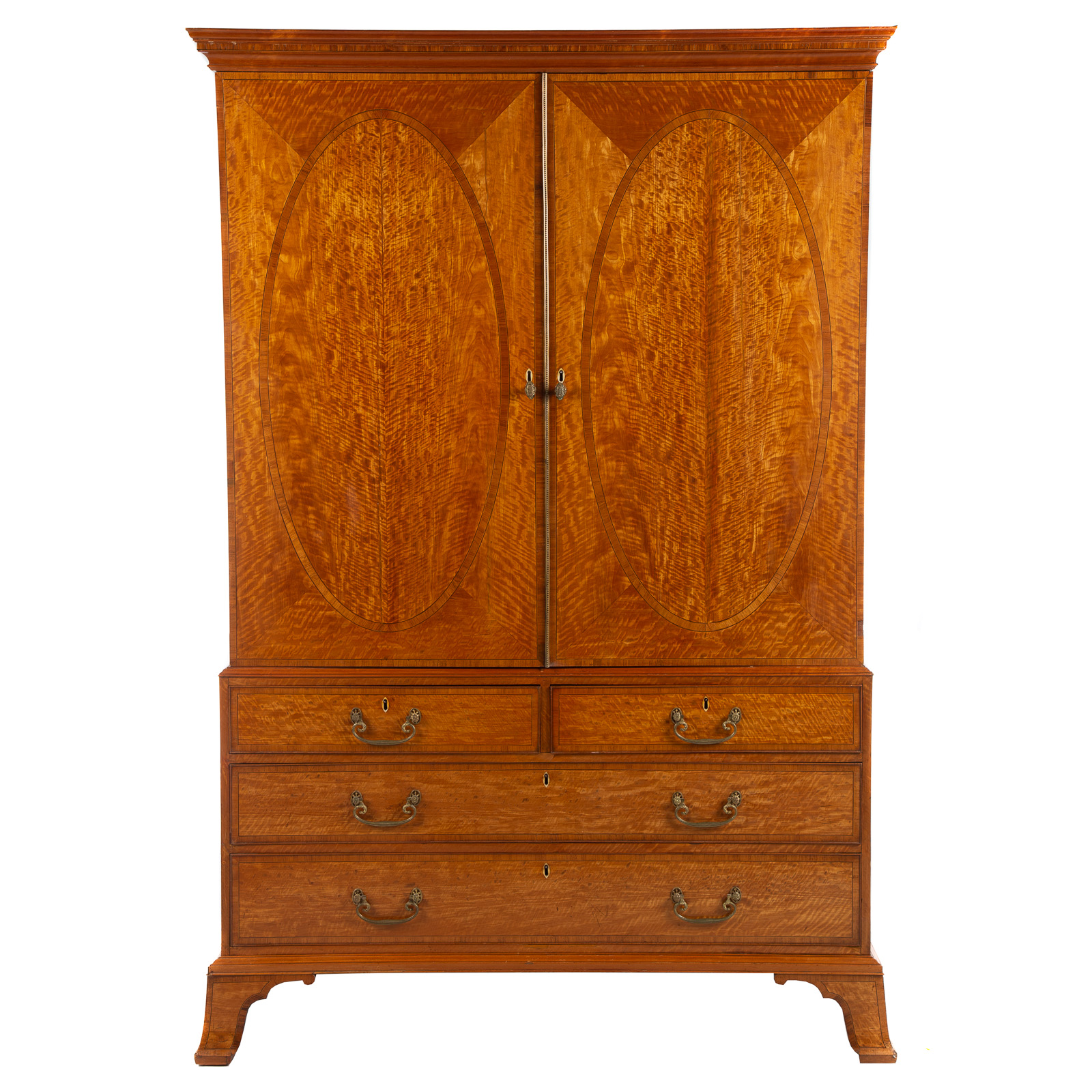 Appraisal: GEORGIAN STYLE BURLED WOOD LINEN PRESS Three-piece linen press with