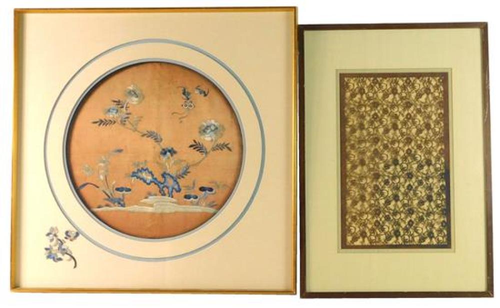 Appraisal: ASIAN Asian textiles including an embroidered silk panel of flowers