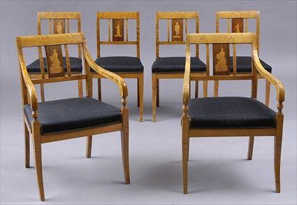 Appraisal: PAIR OF BIEDERMEIER-STYLE INLAID SATINWOOD ARMCHAIRS AND FOUR MATCHING SIDE