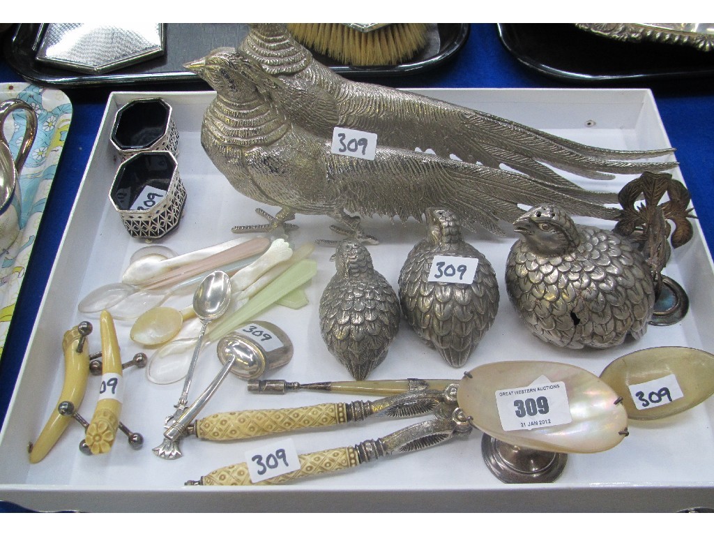 Appraisal: Tray lot of EP and silver - bird condiments silver