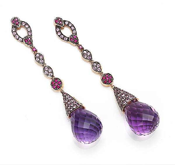 Appraisal: A pair of amethyst and multi-color sapphire drop earrings mounted