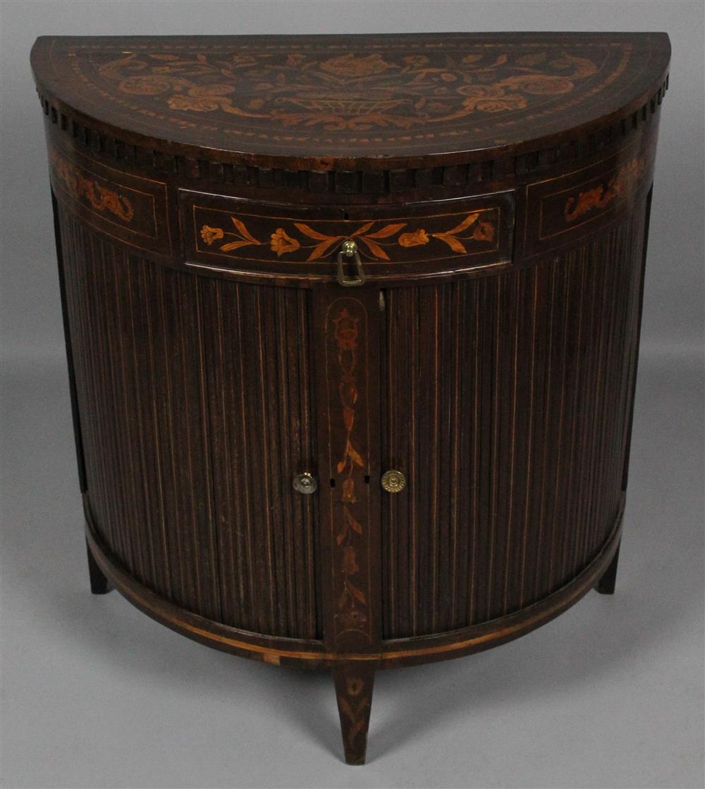 Appraisal: DEMILUNE DUTCH NEOCLASSICAL MAHOGANY AND MARQUETRY COMMODE having a marquetry