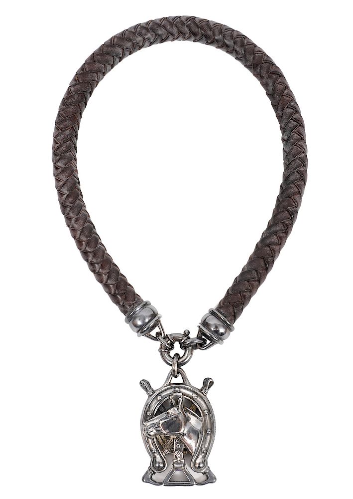 Appraisal: Kieselstein-Cord Leather Sterling Horse Necklace Kieselstein-Cord Frog Leather Sterling Silver