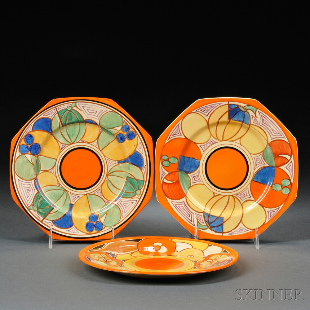 Appraisal: Three Clarice Cliff Hand-painted Plates England c each polychrome enamel