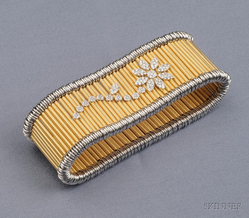 Appraisal: kt Bicolor Gold and Diamond Bracelet Jarretiere Shanghai the expandable