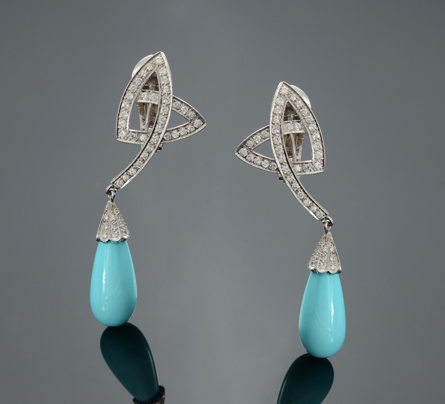 Appraisal: TURQUOISE DIAMOND DANGLE EARRINGS k white gold earrings with briolette