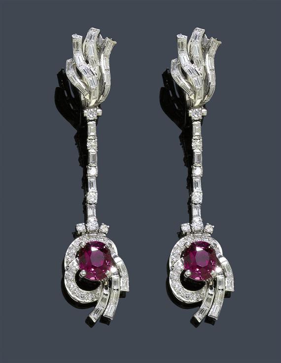 Appraisal: RUBY AND DIAMOND EAR CLIPS circa White gold Elegant ear